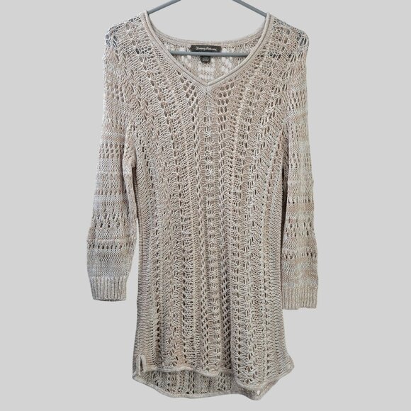 Tommy Bahama Tunic Top Open Knit Crochet M Tan Linen Minimalist Cover Up V Neck - Picture 1 of 12